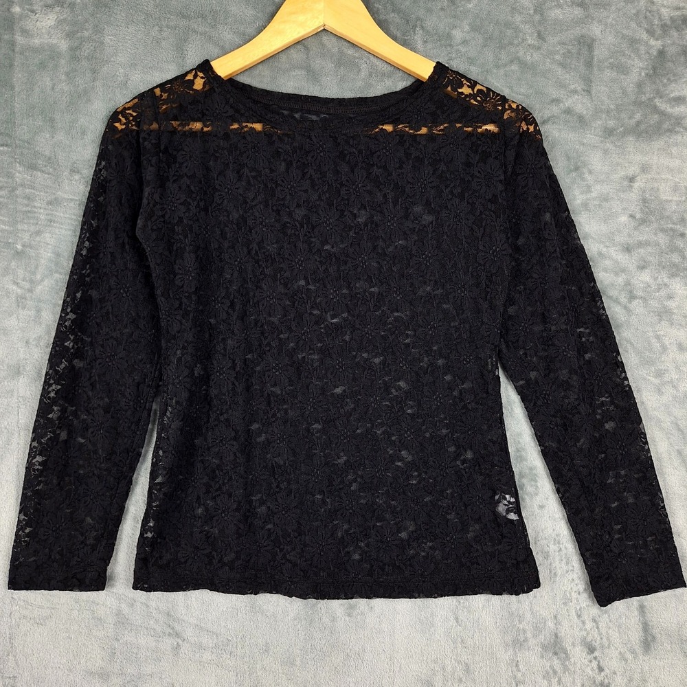 Womens Top Medium Black Whimsigoth Dark Romantic Floral Lace Sheer Fairy Grunge